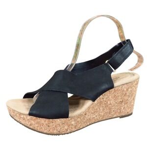 Clarks Annadel Eirwyn Women Wedge Sandal Size 9 Black Leather Cork Platform